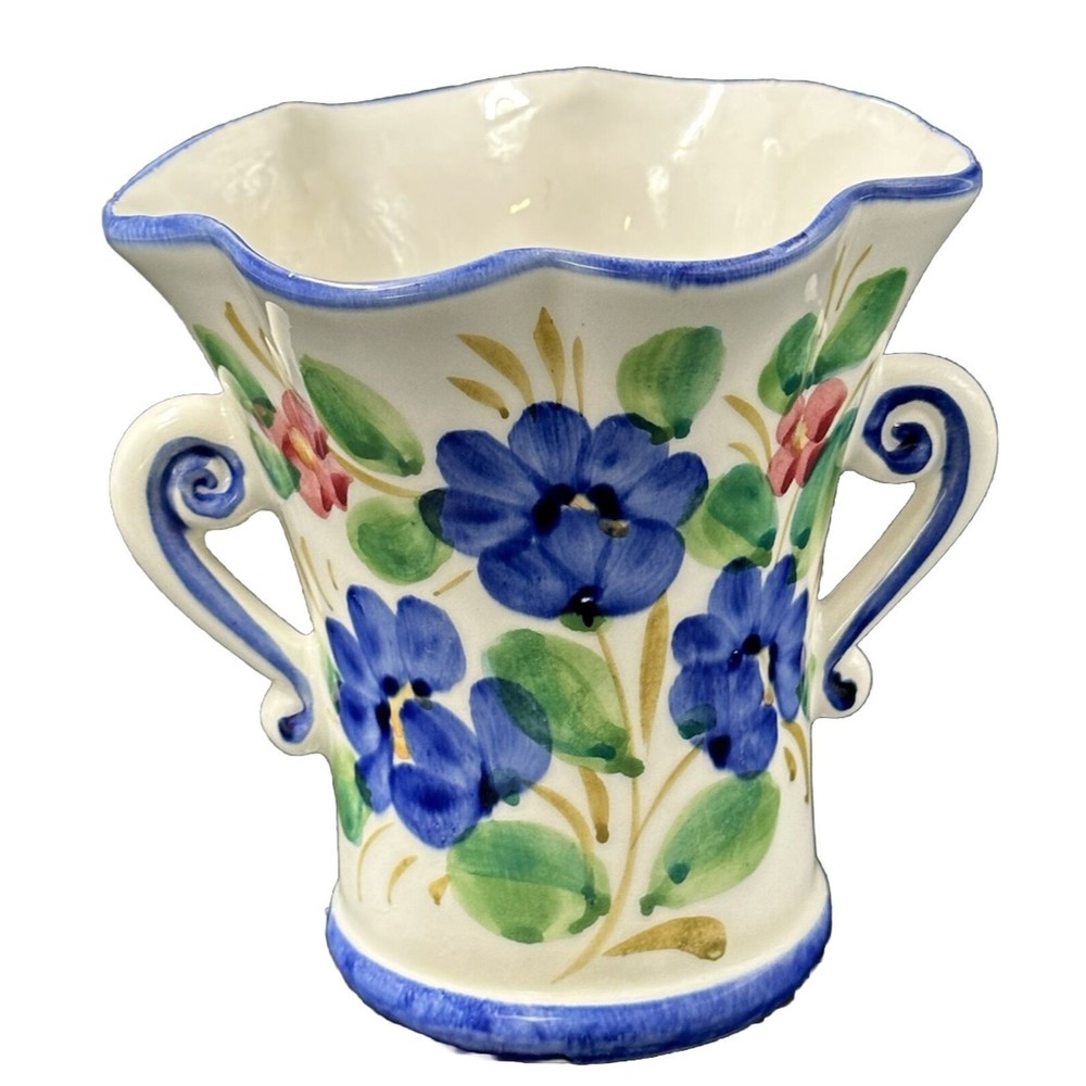 Blue Poppy Floral Ceramic Vase Hand painted in Italy for FTD 5.5 Inches Tall
